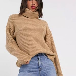 ASOS Design fluffy sweater with cowl neck in camel